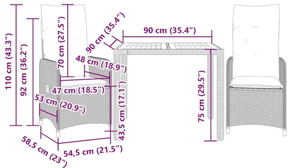 vidaXL 3 részes szürke polyrattan kerti bisztrógarnitúra párnákkal