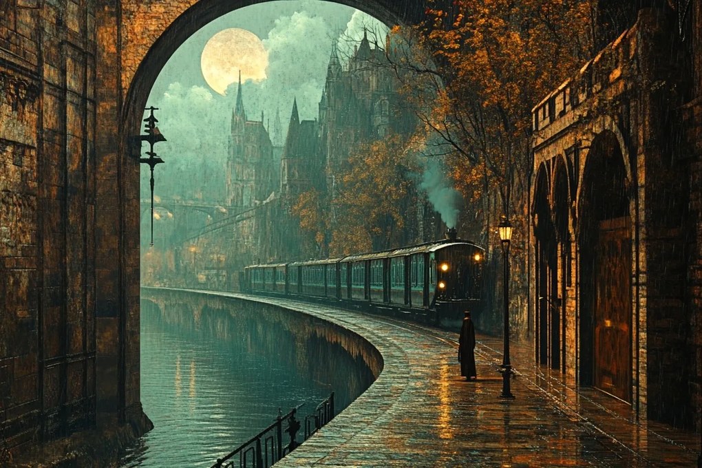 Vászonkép Canvas Város Éjszaka Hold Vasút Vonat Ősz Zápor 120x80