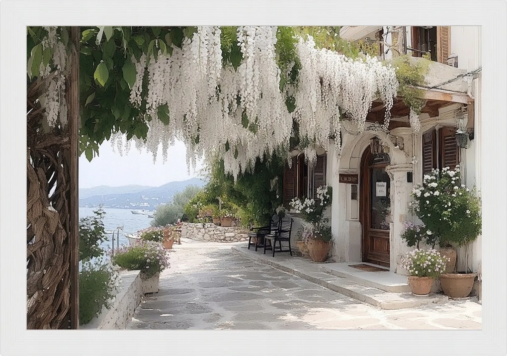 Poszter Keret Fa Tájkép Görögország Lefkada Tenger Hotel Virágok 60x40