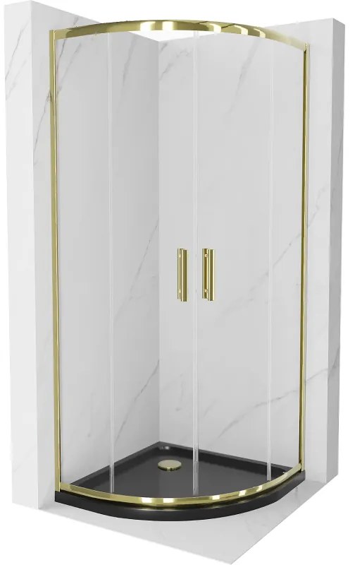 Mexen Rio, szögletes zuhany tolóajtóval 80 (ajtó) x 80 (ajtó) x 190 cm, 5mm átlátszó üveg, arany profil + fekete SLIM zuhanytálca, 863-080-080-50-00-…