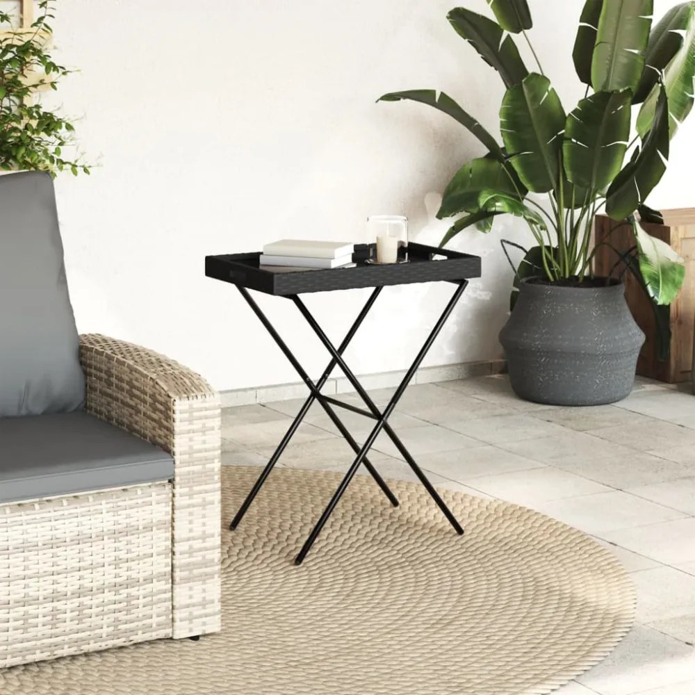 fekete összecsukható polyrattan tálcaasztal 65 x 40 x 75 cm