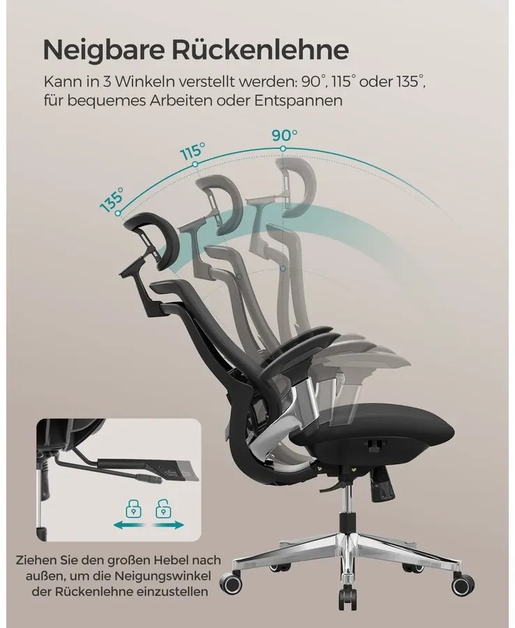 SONGMICS Ergonomikus szék, állítható, dönthető irodai szék, fekete