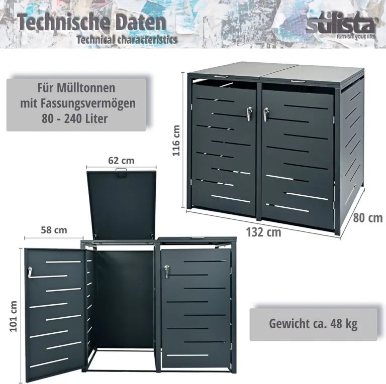 STILISTA Szekrény 2 kukához 132 x 80 x 116 cm antracit