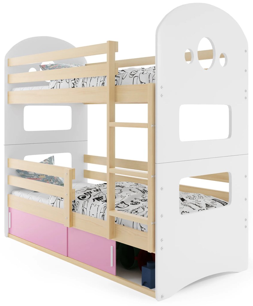 Emeletes ágy 80 x 190 cm Domur (fenyő + rózsaszín) (ágyrácsokkal és tárolóhellyel). Akció -29%. 1056538