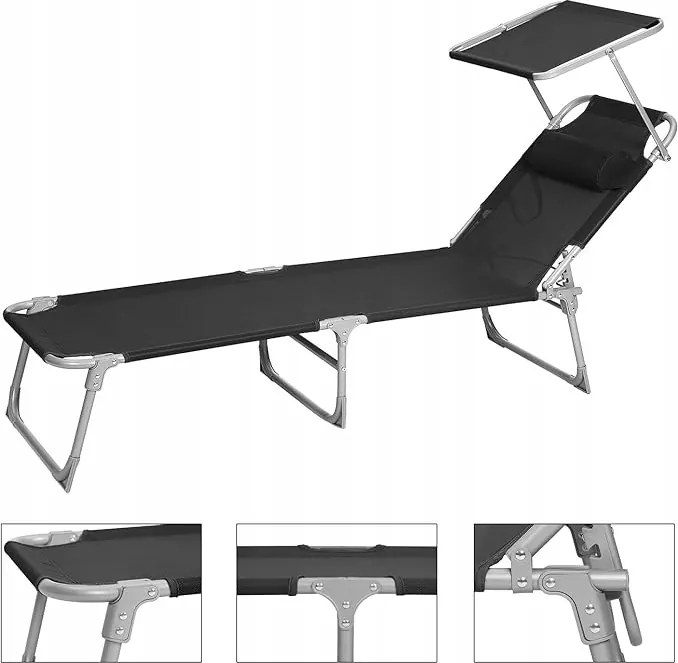Relaxációs napozóágy fejtámlával Háttámla Napellenző 150 Kg-ig