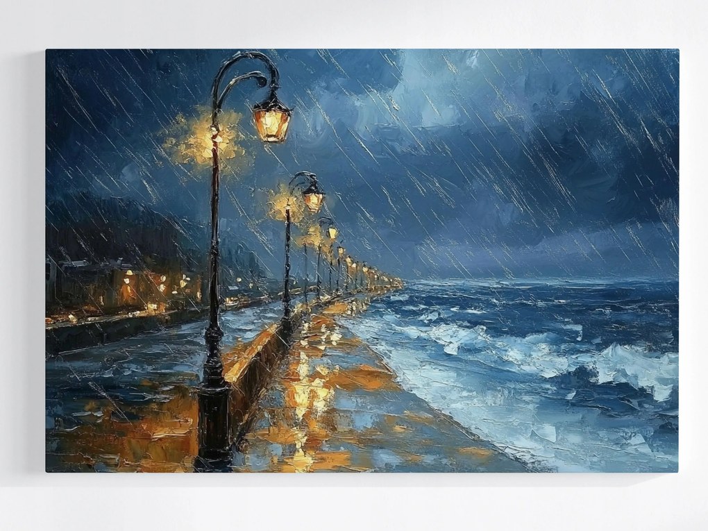 Vászonkép Canvas Tenger Tengerpart Sétány Eső Vihar Hullámok Éjszaka 60x40