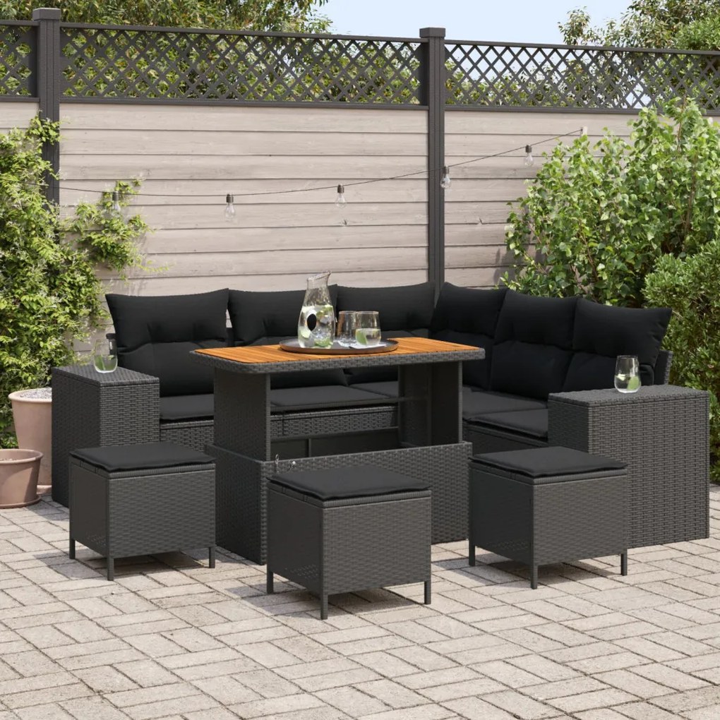 9 darabos Kert Sofa Szett Párnákkal Fekete Poli Rattan Akáciával, 4 darabos Kert Étkező Szett Párnákkal Fekete Poli Rattan Akáciával