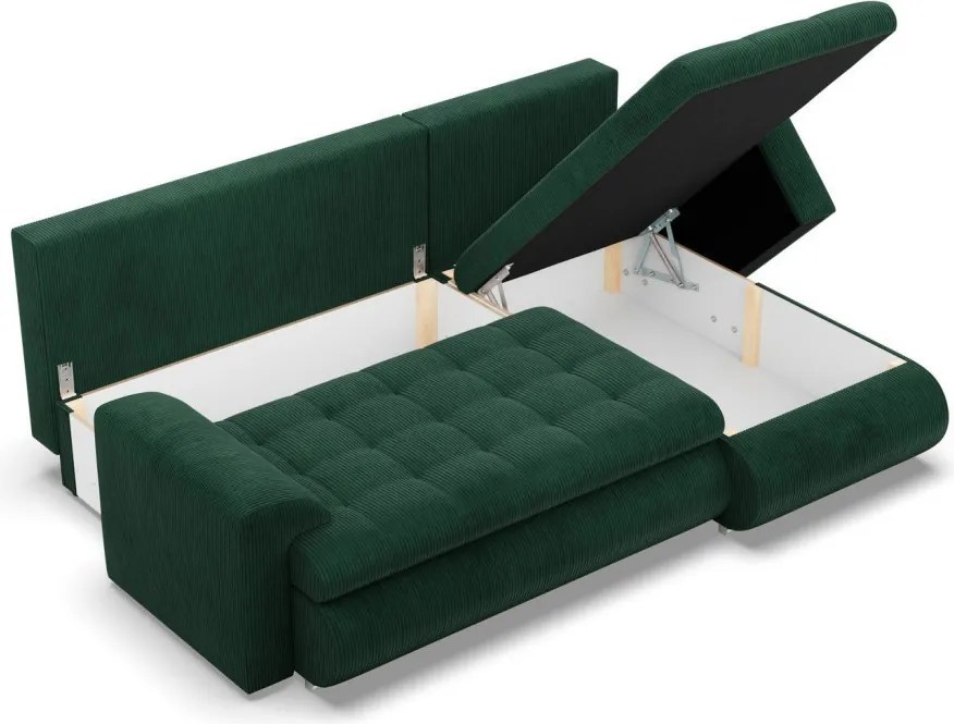 Tokio sarokkanapé, 2 ágyneműtartóval, kordbársony, jobboldali, zöld