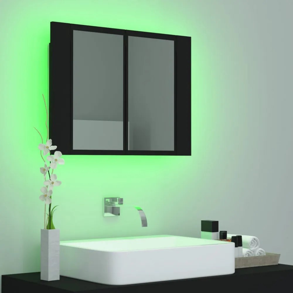 fekete akril LED-es fürdőszobaszekrény tükörrel 60x12x45 cm