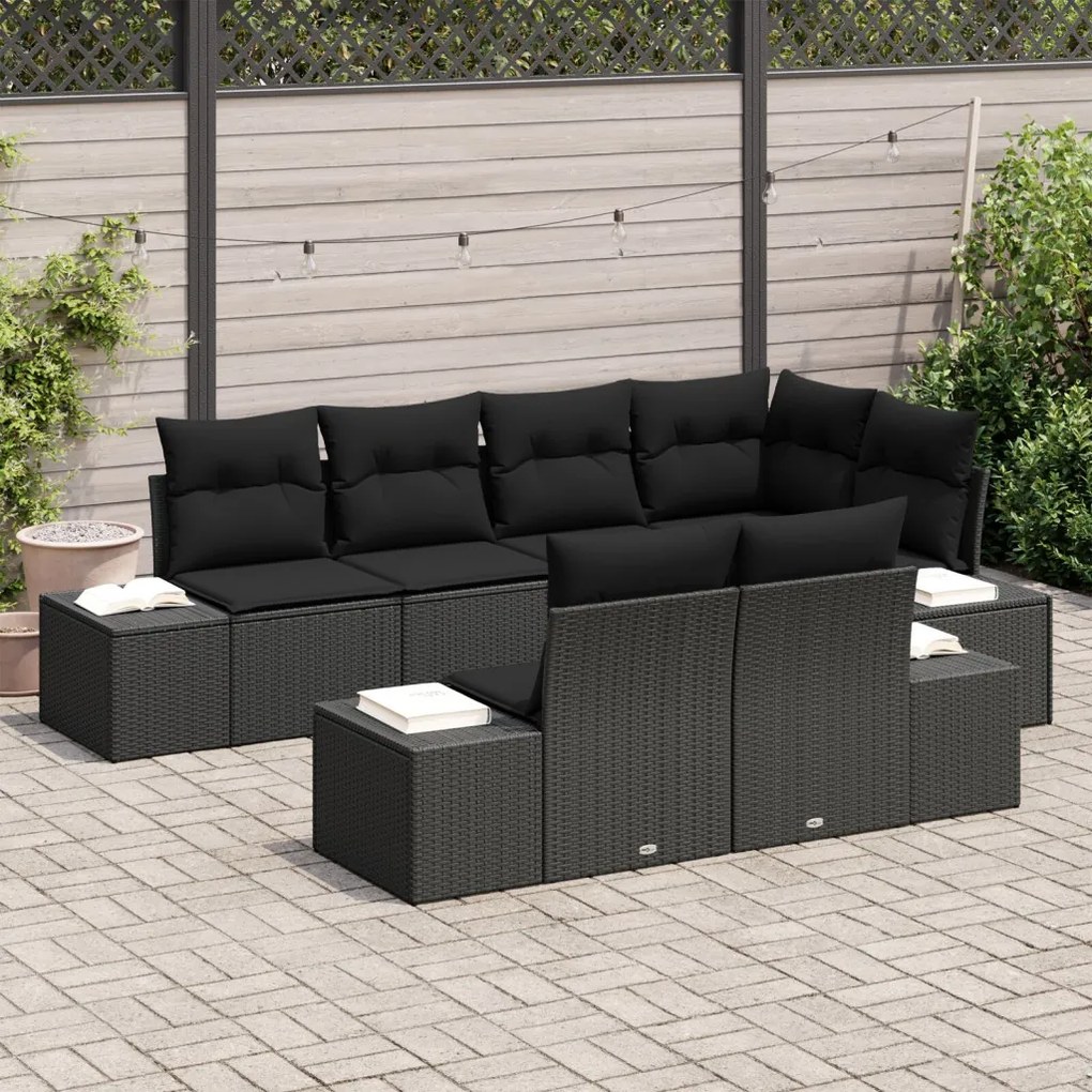 7 Darabos Kert Sofa Készlet Párnákkal Fekete Polirattan