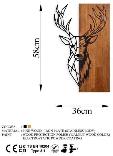 Fali dekoráció 36x58 cm szarvas fa/fém