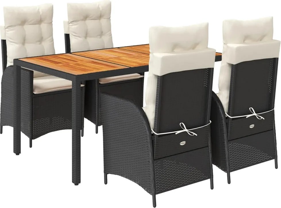 vidaXL 5 részes fekete polyrattan kerti étkezőgarnitúra párnákkal