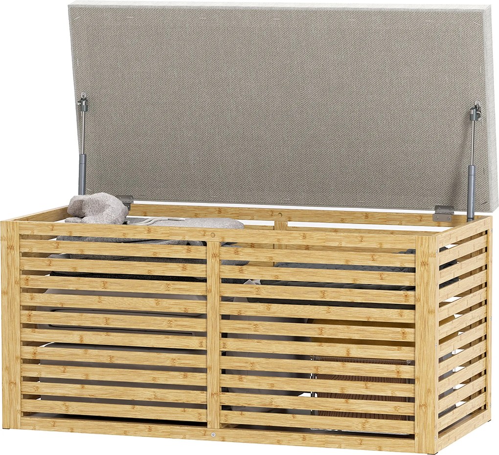 HOMCOM 122L Tároló Ottoman Kanapé, Szintetikus Vásznakkal Bélelt, Bambusz Kerettel, Előszobához és Nappalihoz 90x42x43 cm Szürke és Természetes | Aoso