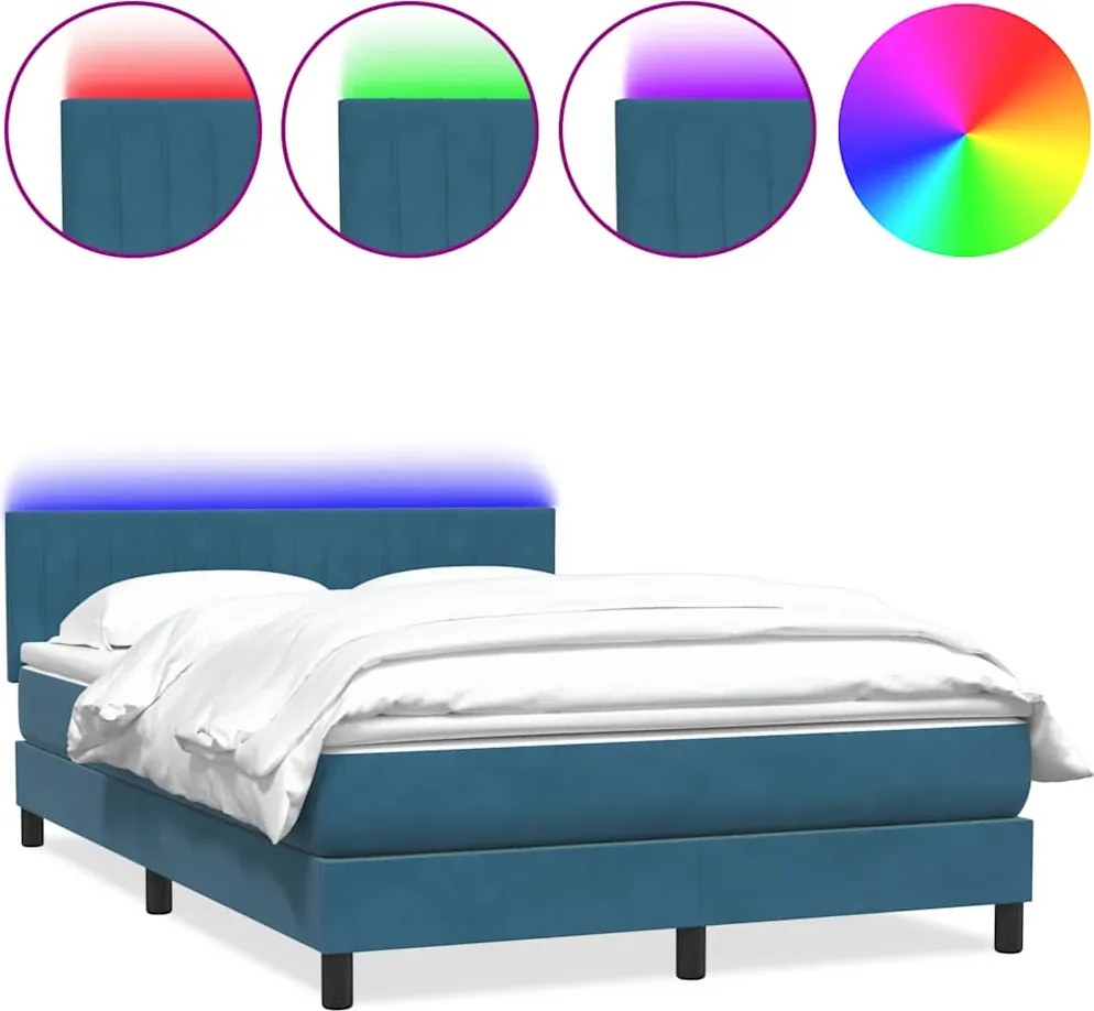 vidaXL sötétkék bársony rugós és LED-es ágy matraccal 140x210 cm