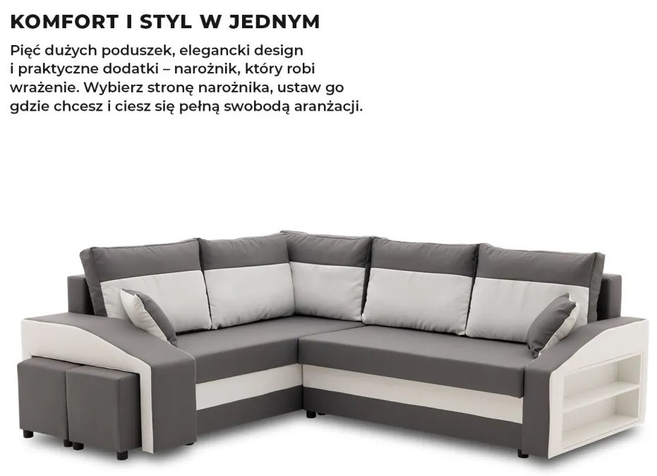 Grande sarokkanapé polcokkal és puffokkal , polc a jobb karfaban puffok a bal karfaban, baloldali, szövet anyag, hab töltet, szürke - fehér