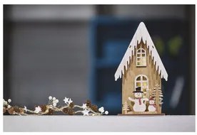 LED dekoráció, fa – házikó hóemberekkel, 28,5 cm, 2x AA, beltéri, meleg fehér, időzítő