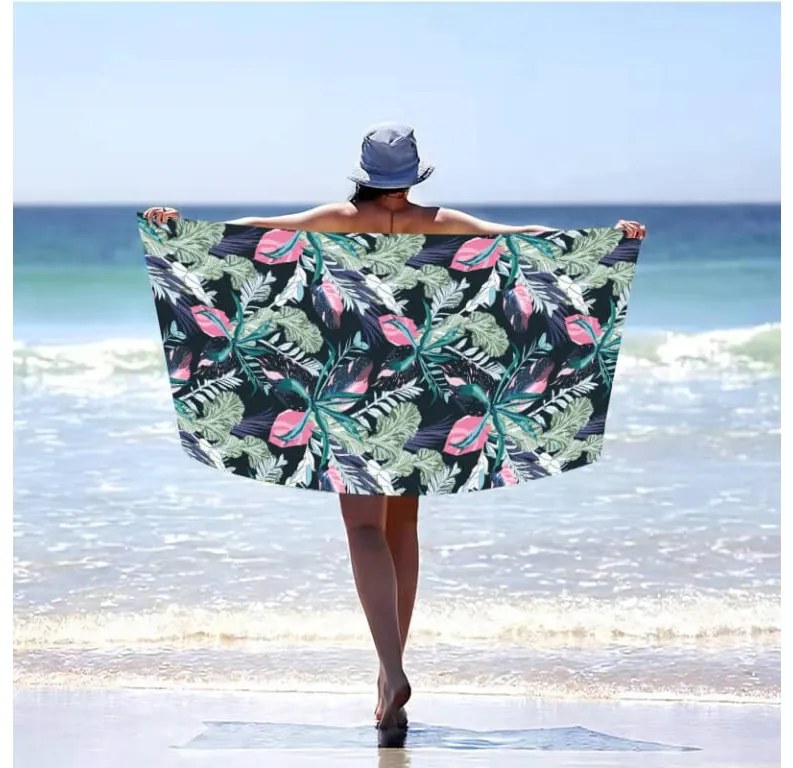 Strandkészlet NIGHT BLOSSOM – Fürdőlepedő 100×180 cm és poncsó 80×145 cm, fekete