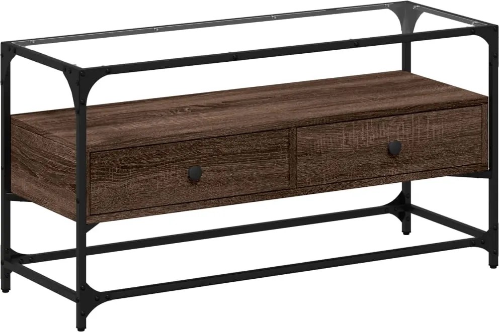 vidaXL barna tölgy színű szerelt fa TV-szekrény üveglappal 98x35x51 cm
