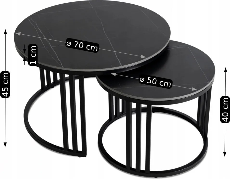 Zestaw Stolików JERRY Czarny márvány/Czarny