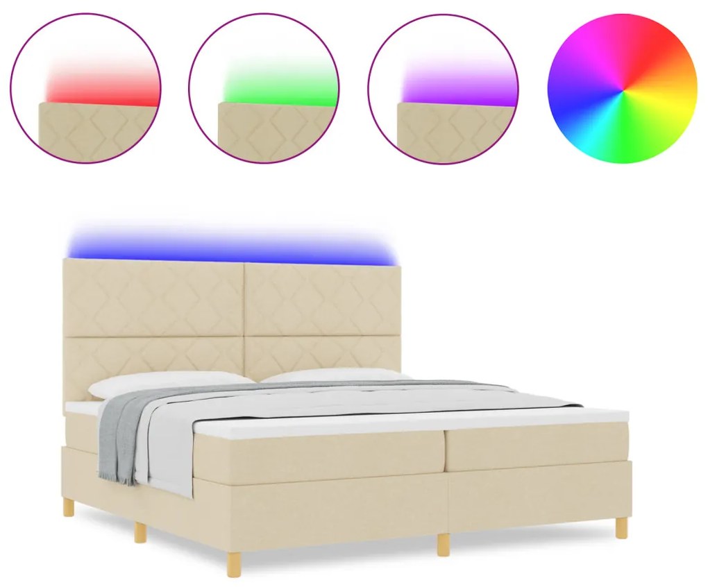 Boxspring ágy matraccal és LED-del, krém szövet, 200x200 cm
