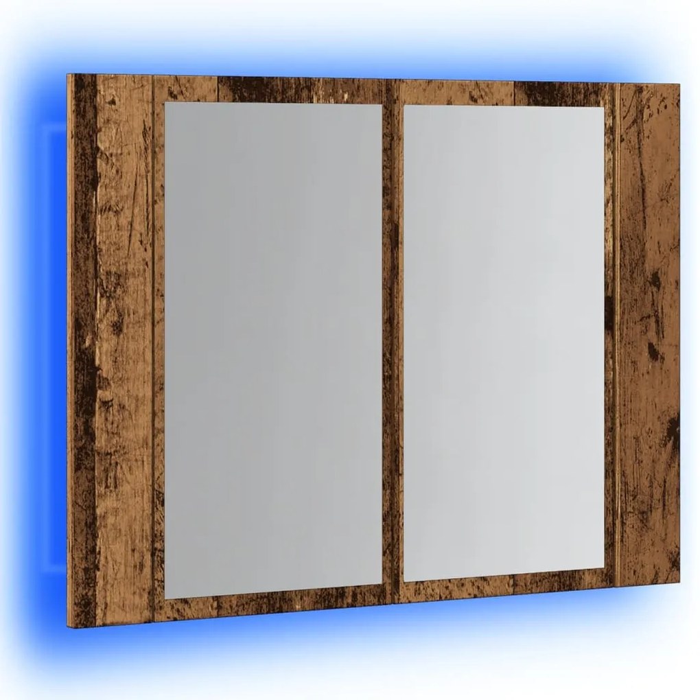 antik fa színű szerelt fa tükörszekrény LED-del 60x12x45cm