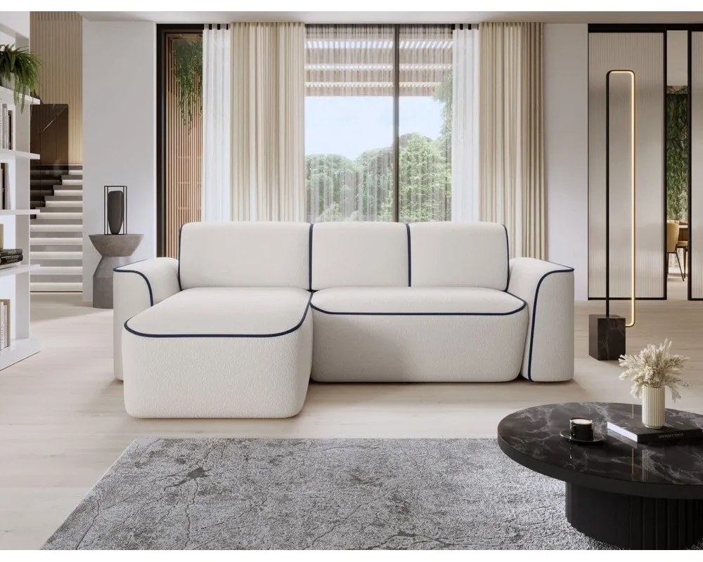 Kék-krémszínű buklé sarokkanapé (bal oldali-heverő résszel) Ume – ELTAP