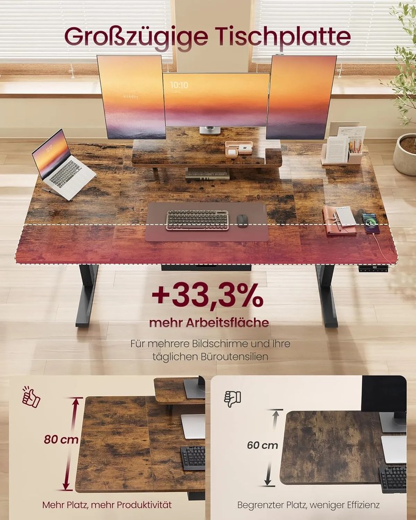 Magasságállítható íróasztal, 160 x 80 cm, vintage barna