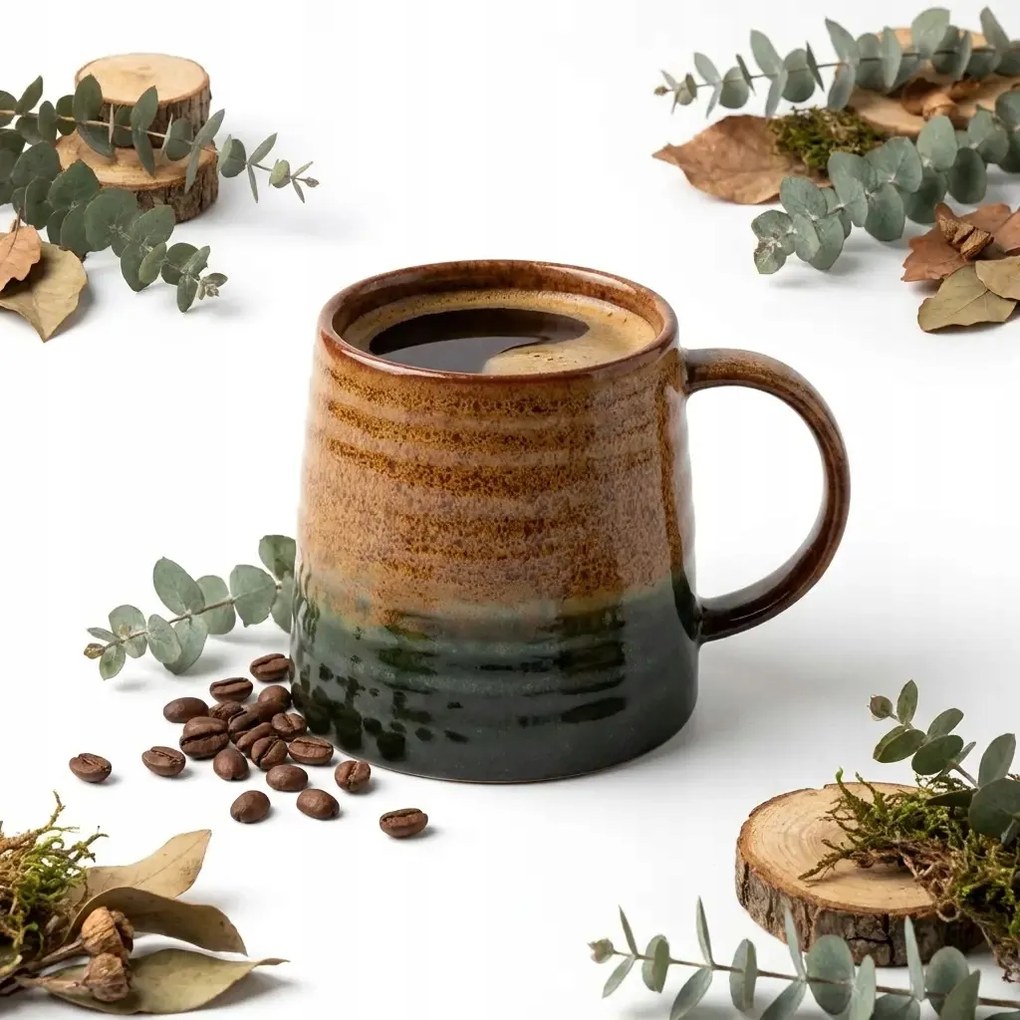 Nagy Kerámia Bögre 400ml Kávés Tea Csokoládé Barna-zöld Ø 9cm
