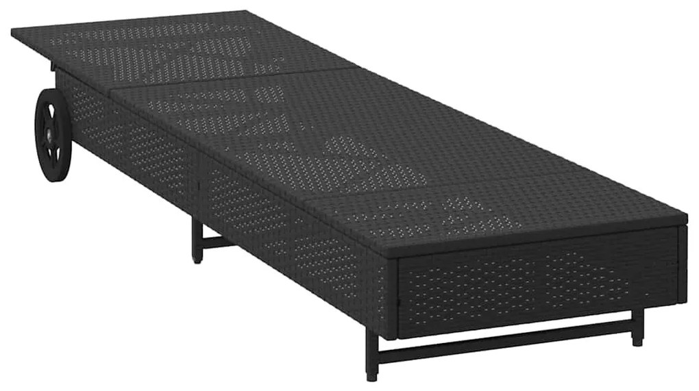 Fekete polyrattan napozóágy kerekekkel és párnával