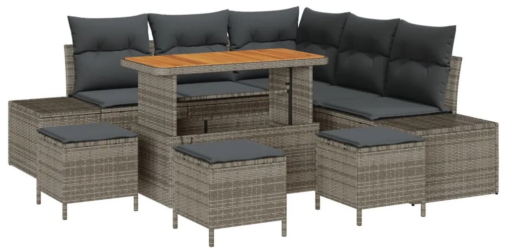 8 darabos Kerti Kanapé Szett Párnákkal Szürke Poly Rattan Akácia, 2 Személyes Kerti Kanapé Párnákkal Szürke Poly Rattan, 3 darabos Kerti Étkező Szett Párnákkal Szürke Poly Rattan Akácia