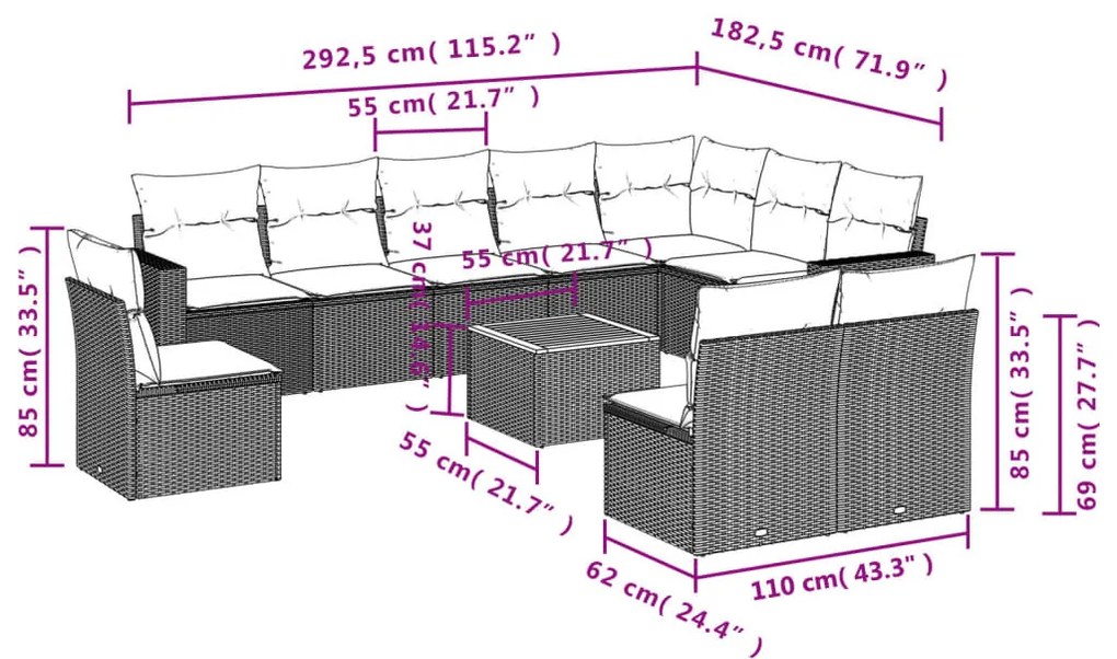 11 részes bézs polyrattan kerti ülőgarnitúra párnákkal