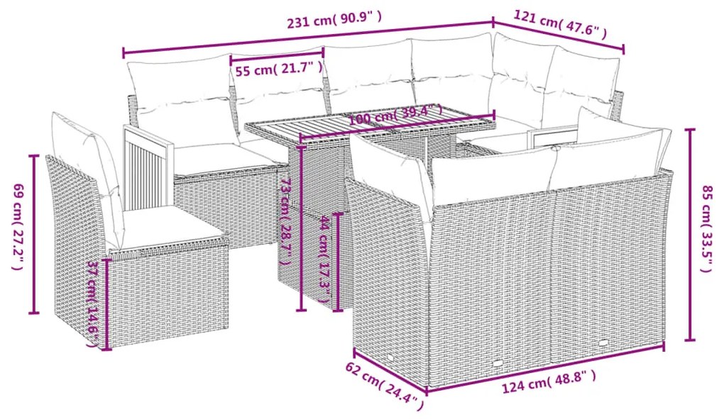 9 részes fekete polyrattan kerti ülőgarnitúra párnákkal