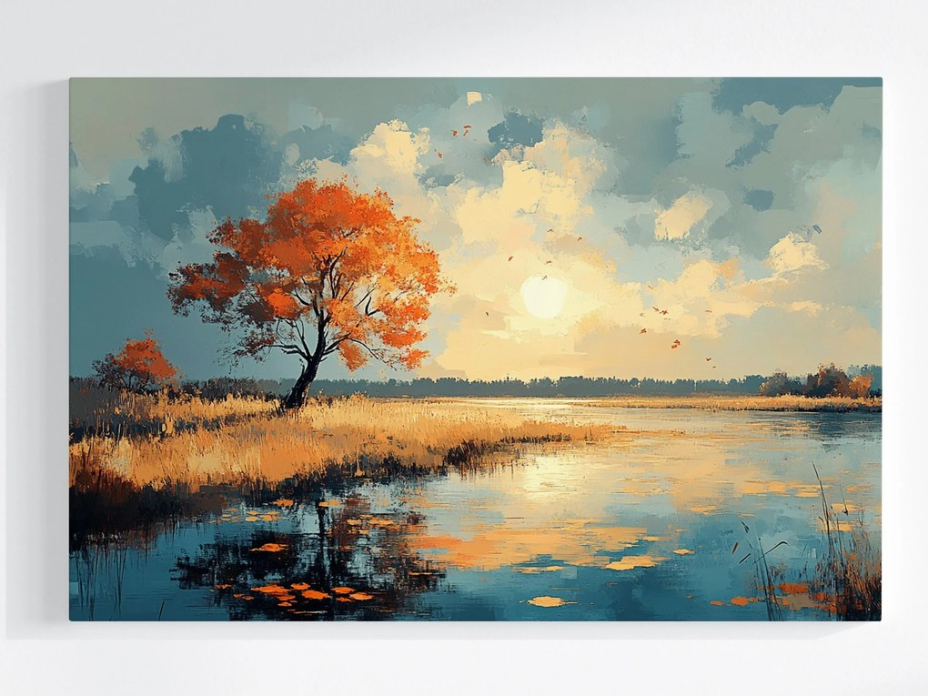 Vászonkép Víz Tájkép Tó Fa Ősz Nap Természet 60x40