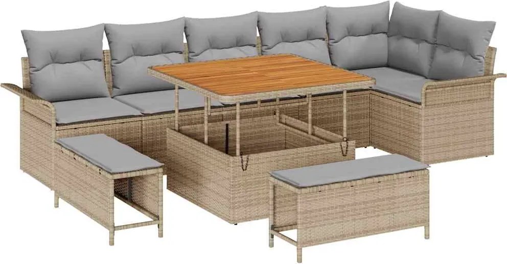 vidaXL Kerti Kanapé Szett párnával 9 pcs Bézs polirattan