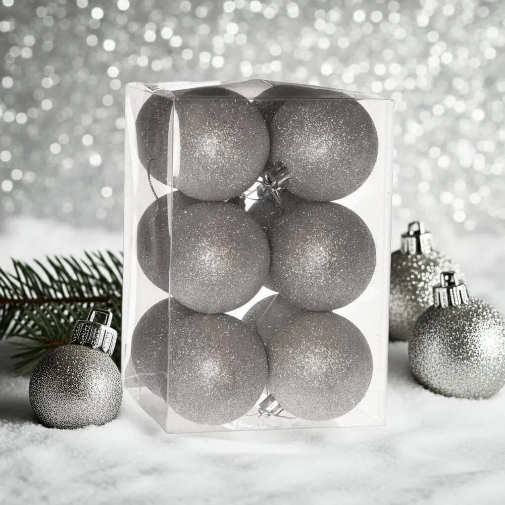 Ezüst glitteres műanyag karácsonyi gömb szett 12x6cm