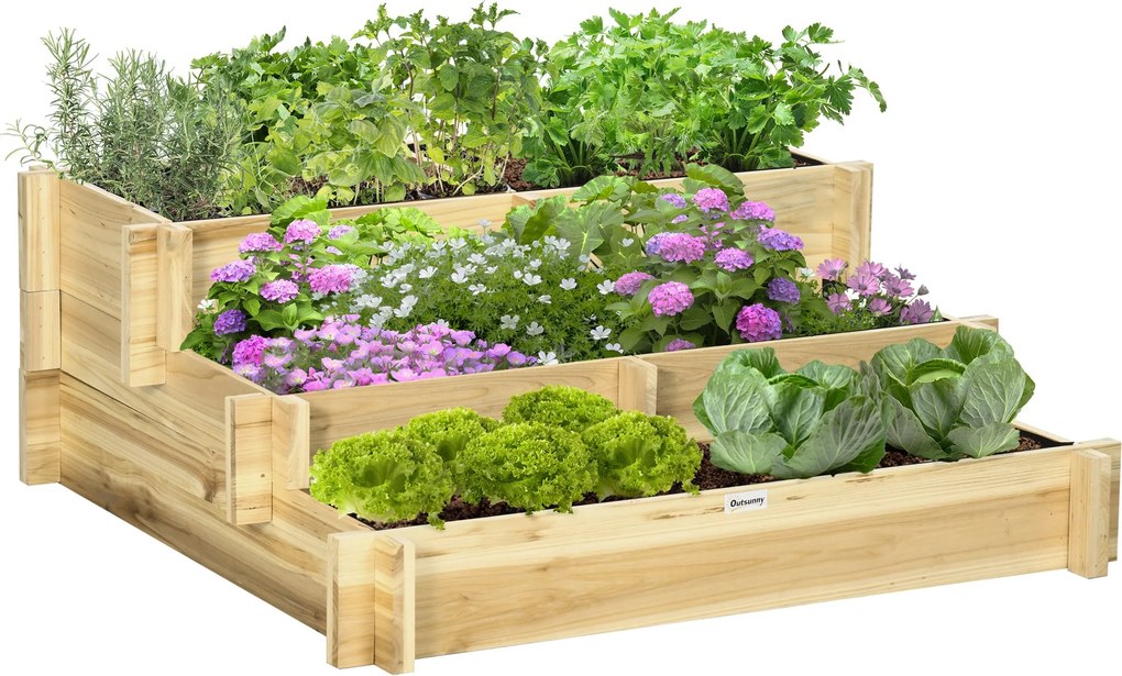 Outsunny Emelt Kerti Ágyás Fa, 3-Szintes Ültető Ágy, Hidegkeret Textil Béleléssel, Virágágyás Zöldségágy 93x93x35cm Erkélyre, Kertbe, Virágok, Zöldség