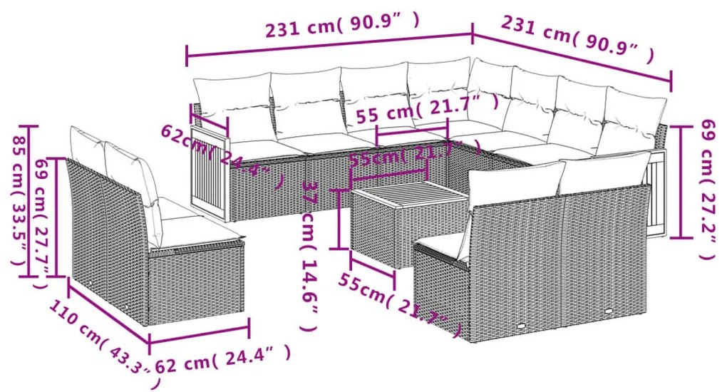 12 részes fekete polyrattan kerti ülőgarnitúra párnákkal