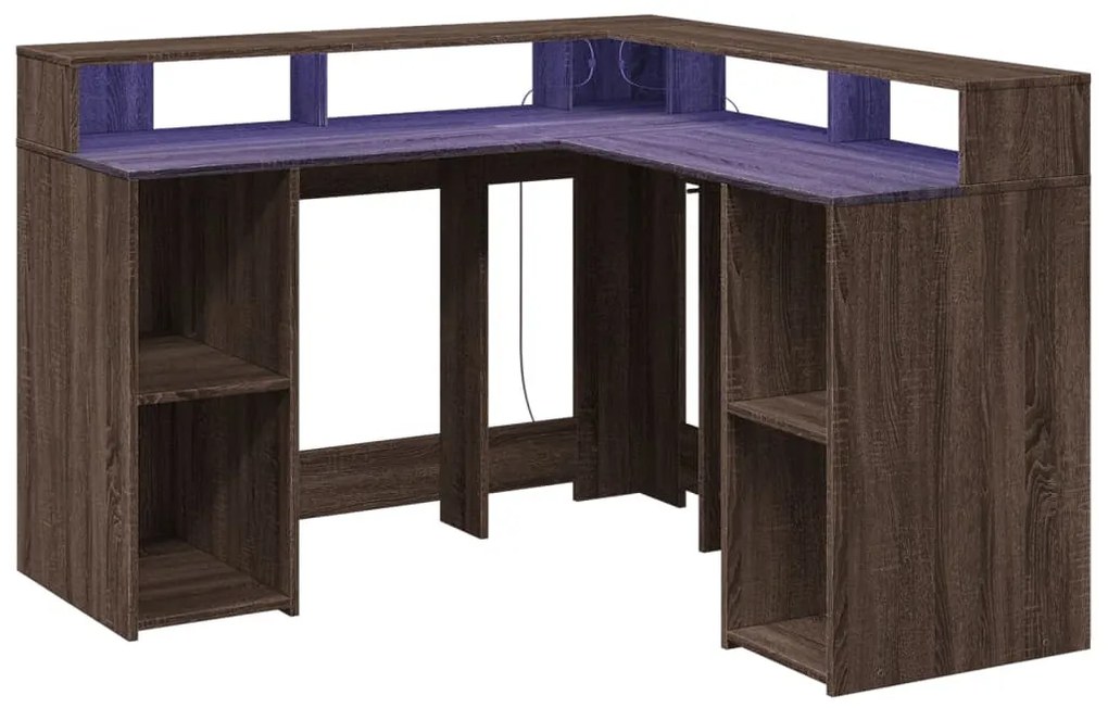 barna tölgy színű szerelt fa íróasztal LED-ekkel 130x130x91 cm