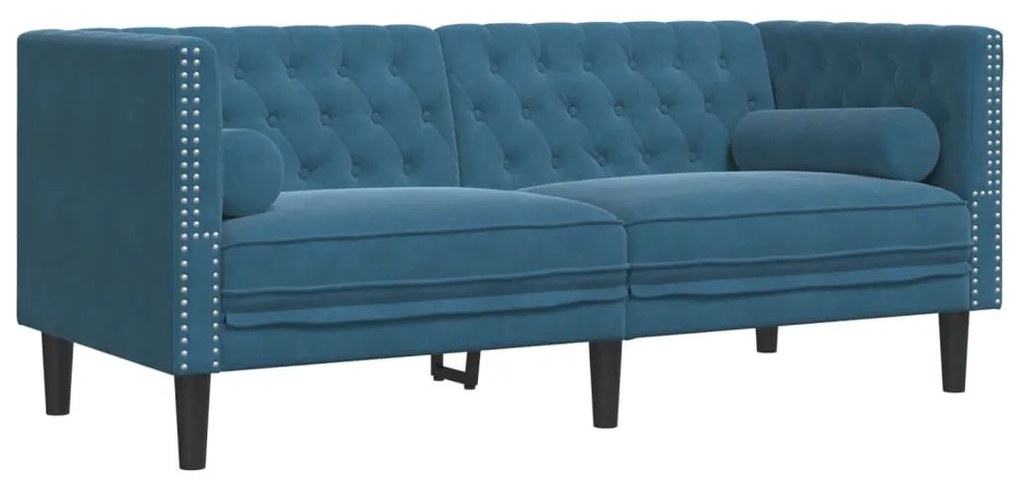 3 részes kék bársony Chesterfield kanapészett hengerpárnákkal