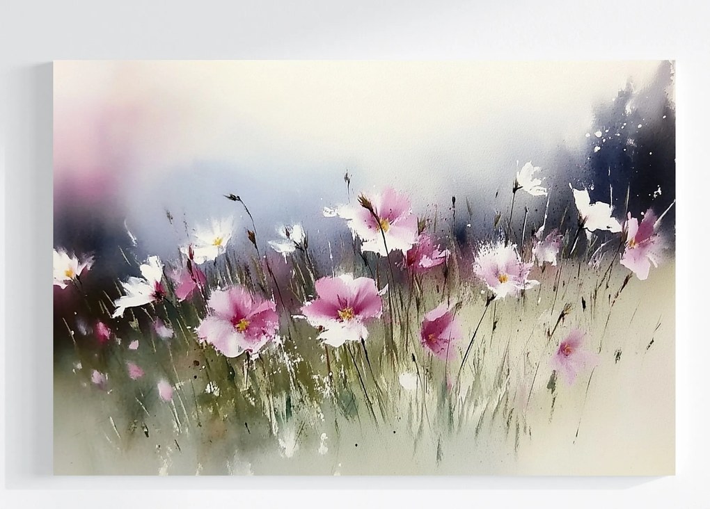 Vászonkép Canvas Akvarell Természet Kert Virágágyás Rózsaszín Virágok 60x40