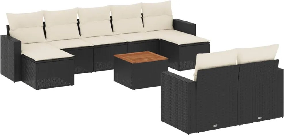vidaXL 10 részes fekete polyrattan kerti ülőgarnitúra párnákkal