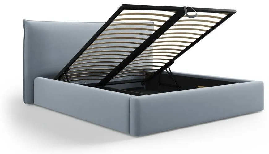 Világoskék kárpitozott ágyneműtartós franciaágy ágyráccsal 180x200 cm Elio – Milo Casa