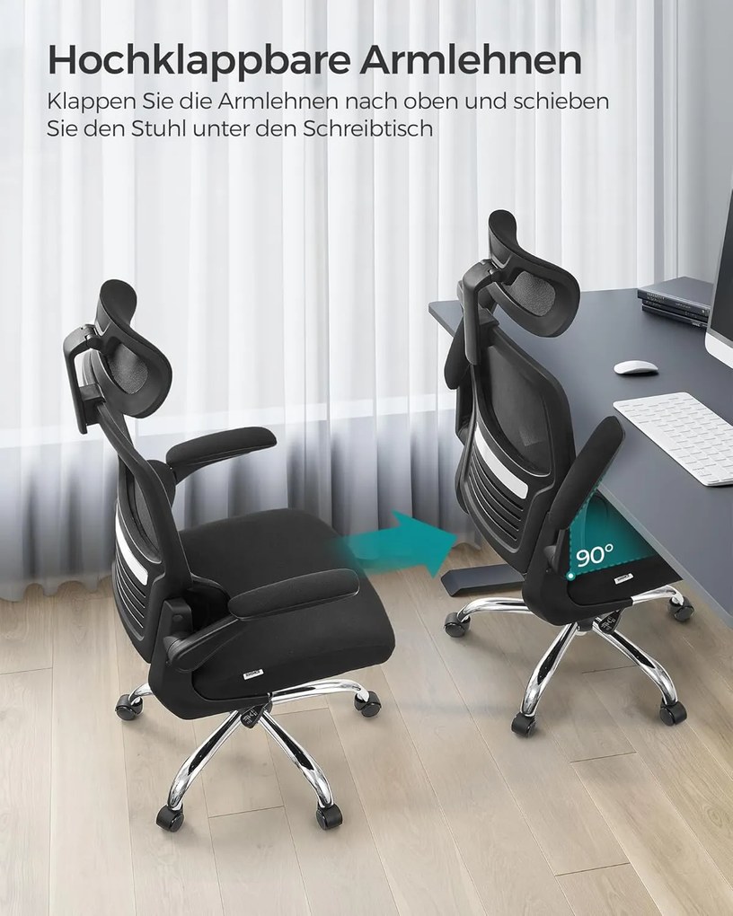 Irodai szék, ergonomikus, hálós szék deréktámasszal és állítható fejtámlával, fekete