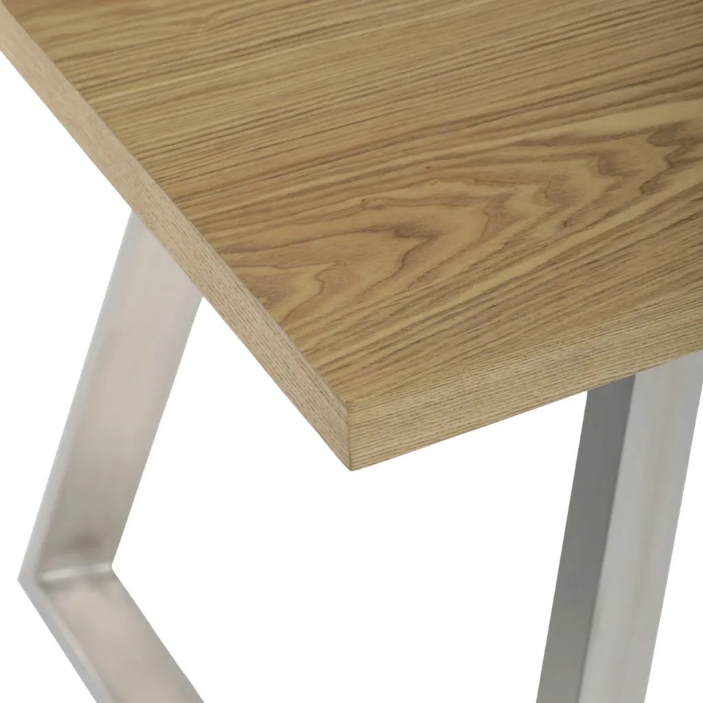 Masă de dining 160x90 cm, MDF + furnir, nuanță stejar, picioare metalice, oțel inoxidabil periat.