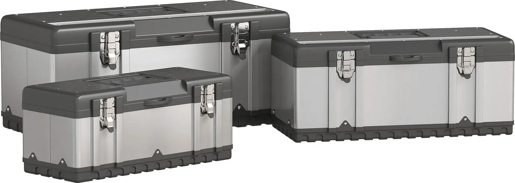 HOMCOM 3 részes szerszámtároló szett üres szerszámdoboz, levehető tálcával, fogantyúkkal és zárakkal, rozsdamentes acél szerszámdoboz, Fekete+Ezüst |