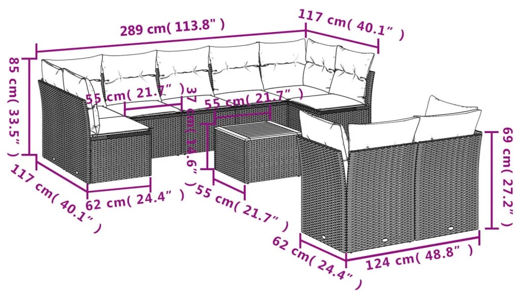 10 részes szürke polyrattan kerti ülőgarnitúra párnákkal