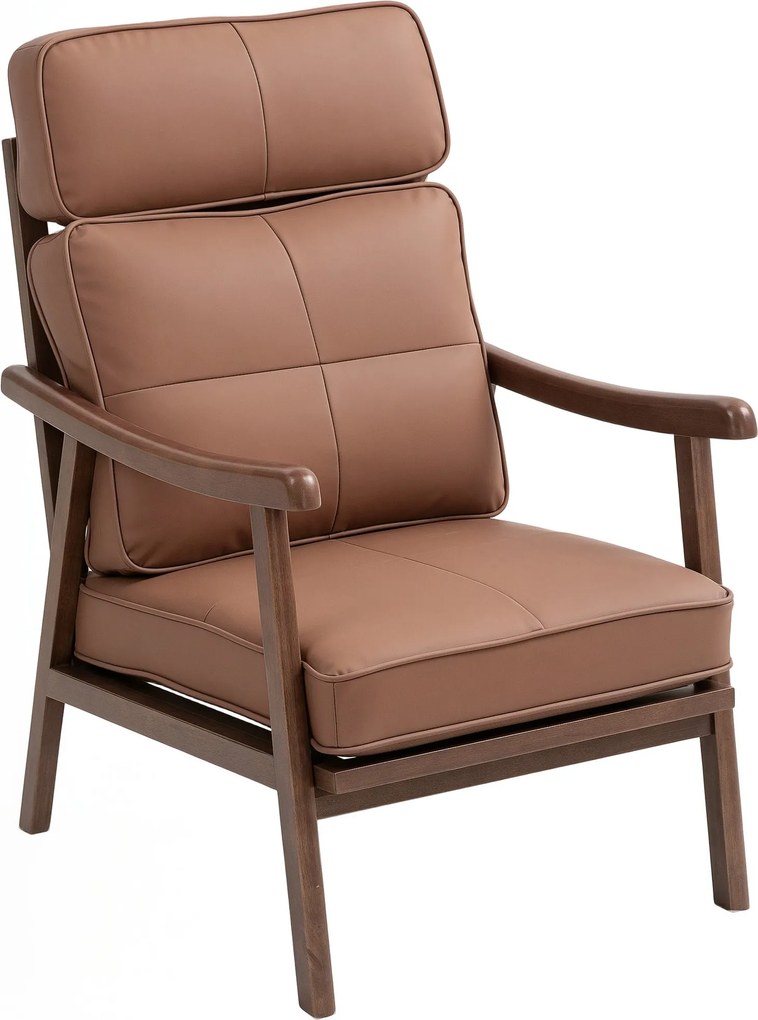 HOMCOM Kárpitozott Karosszék Fa Kerettel és Vastag Párnákkal, Magas Hátámlával, 150 kg Teherbírású Olvasószék Nappaliba és Hálószobába Barna és Dió Fa