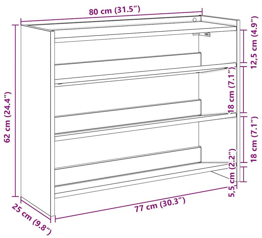 füstös tölgy színű szerelt fa cipőtartó 80x25x62 cm