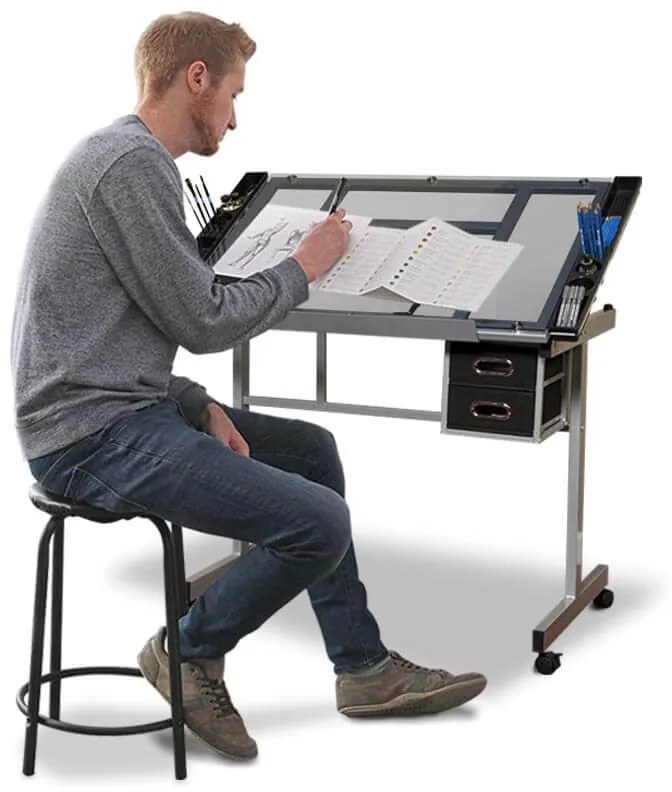 Tervező asztal dönthető,üveg asztallappal