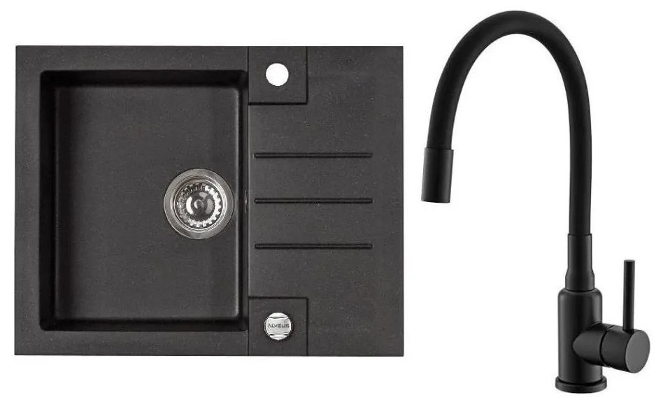 ALVEUS SETA23236 - ROCK konyhai mosogató + MINTAS mosogatócsaptelep, 34 cm, gránit/fekete